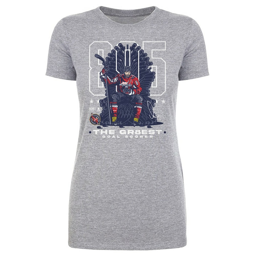 Alexander Ovechkin Washington Capitals 500 Level Women's NHL All-Time Leading Goal Scorer Throne T-Shirt - Heather Gray | US 203089754