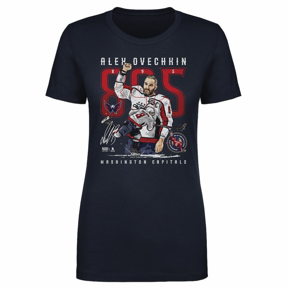 Alexander Ovechkin Washington Capitals 500 Level Women's NHL All-Time Leading Goal Scorer The Shot T-Shirt - Navy | US 203089768