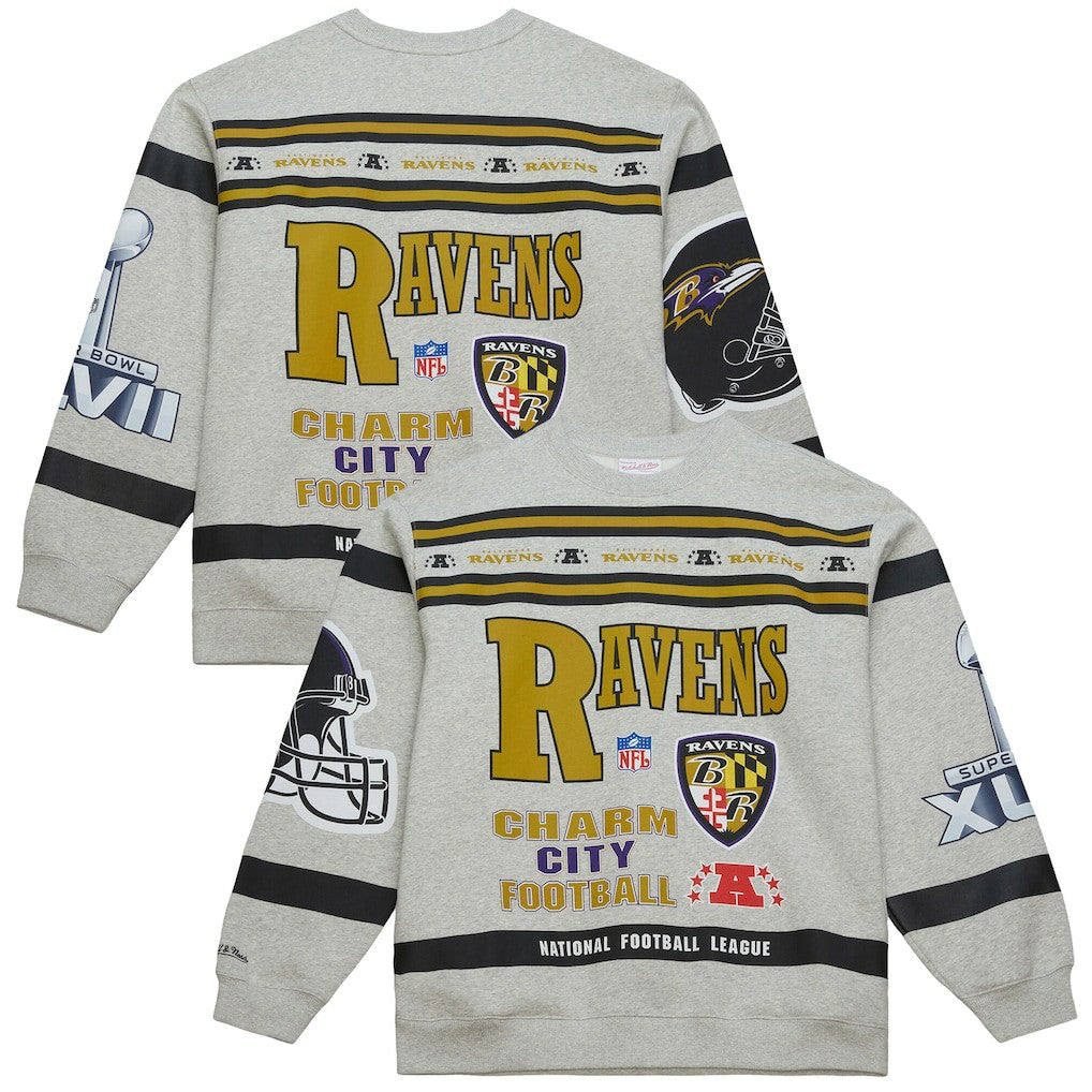 Baltimore Ravens All Over Print Vintage Fleece Crewneck Sweatshirt - Heather Gray Sweatshirts
