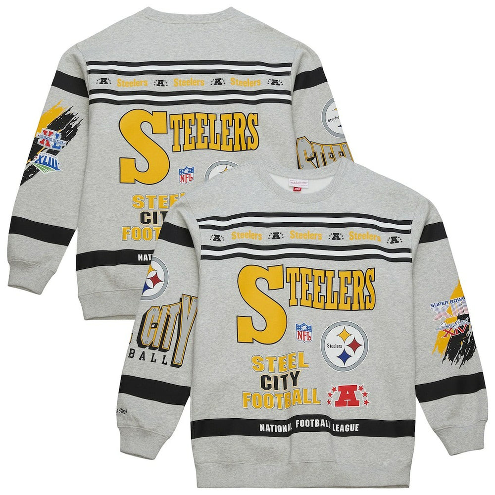 Pittsburgh Steelers All Over Print Vintage Fleece Crewneck Sweatshirt - Heather Gray Sweatshirts