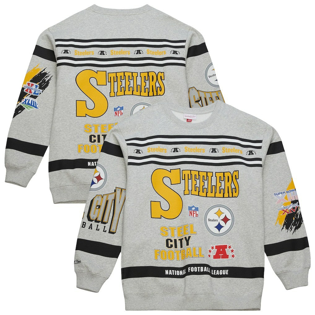 Pittsburgh Steelers All Over Print Vintage Fleece Crewneck Sweatshirt - Heather Gray Sweatshirts