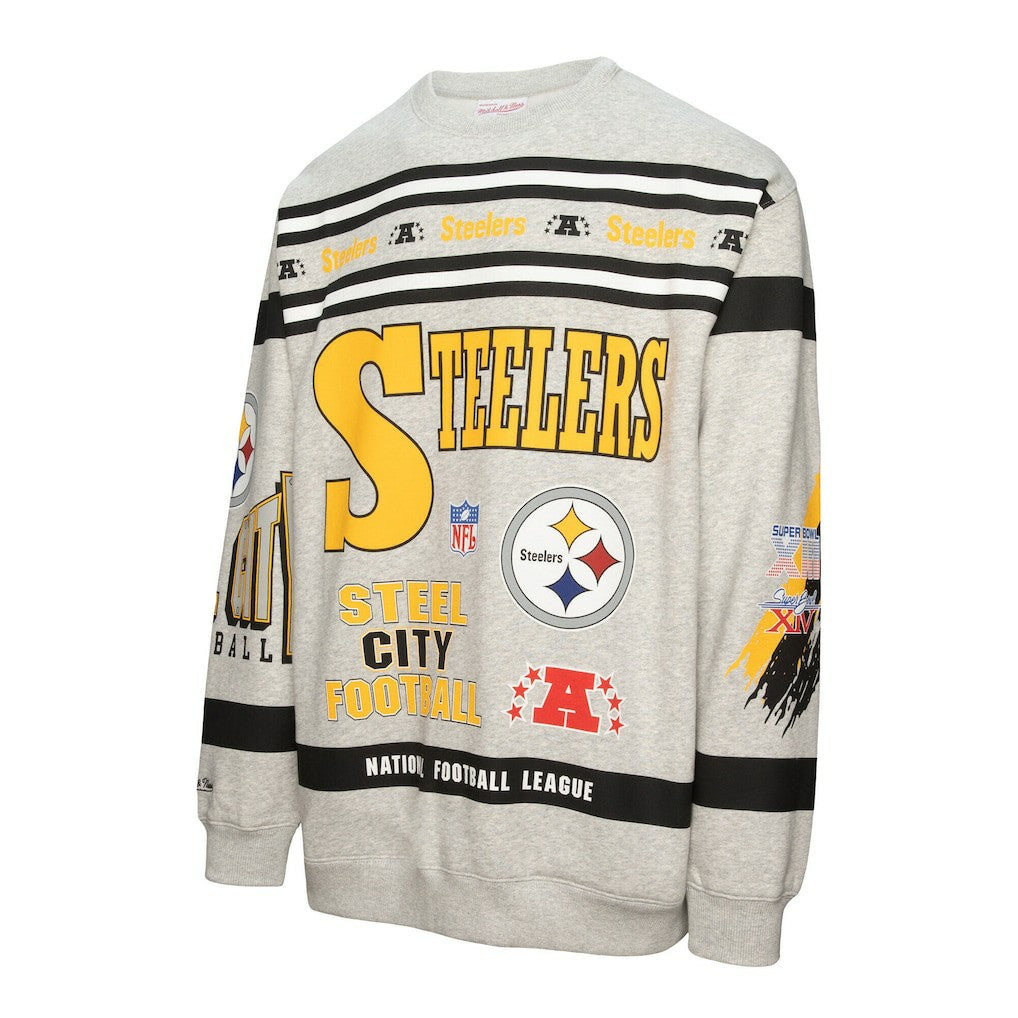 Pittsburgh Steelers All Over Print Vintage Fleece Crewneck Sweatshirt - Heather Gray Sweatshirts