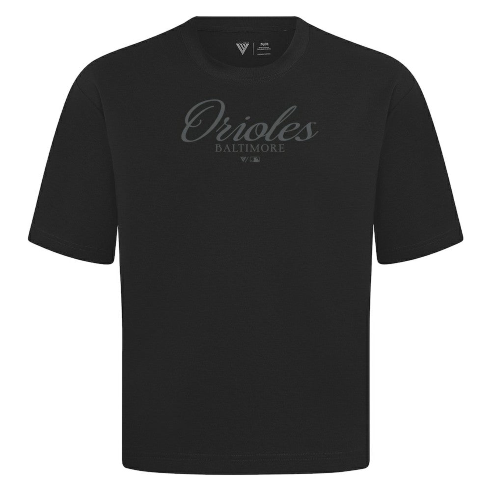 Baltimore Orioles Levelwear Ethereal Oversized Luxe Signature Knit T-Shirt - Black T-shirts