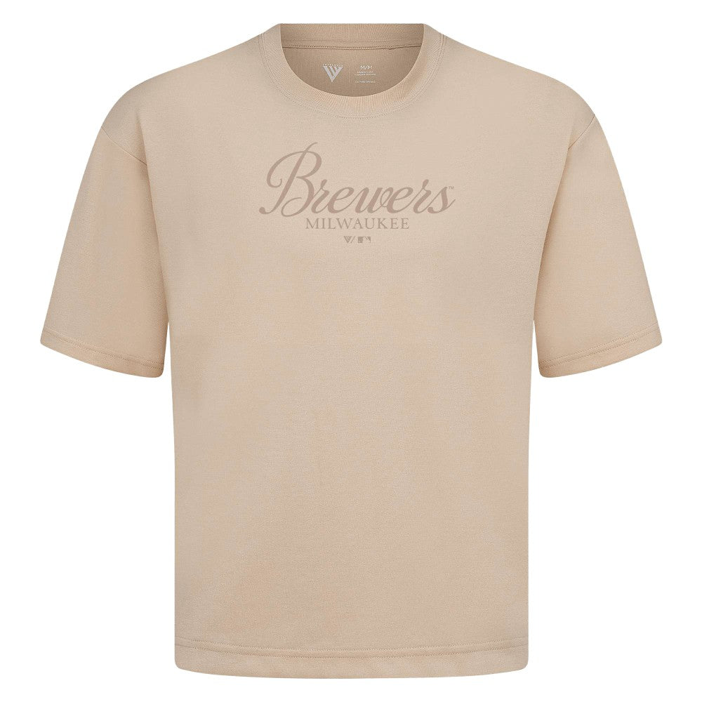 Milwaukee Brewers Levelwear Ethereal Oversized Luxe Signature Knit T-Shirt - Khaki T-shirts