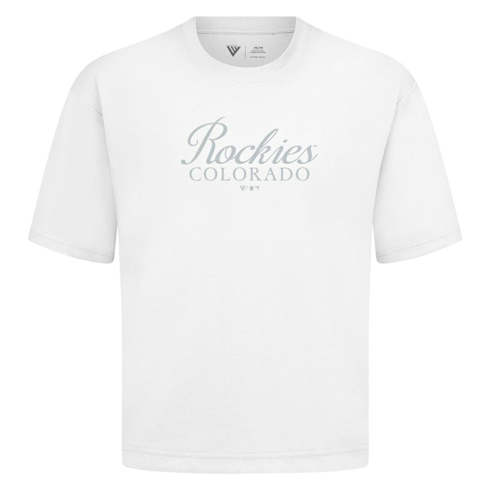 Colorado Rockies Levelwear Ethereal Oversized Luxe Signature Knit T-Shirt - White T-shirts