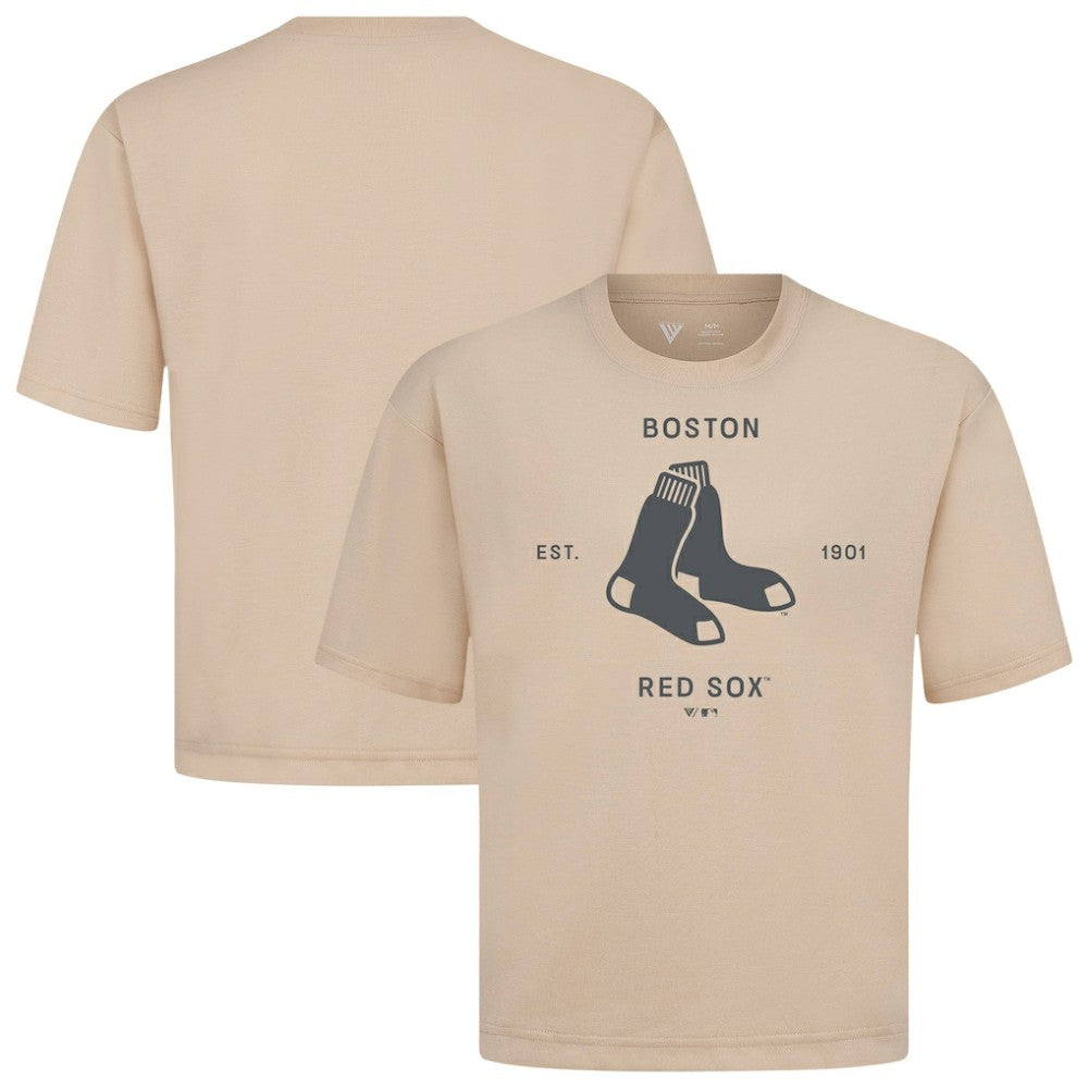 Boston Red Sox Levelwear Crossway Oversized Luxe Signature Knit T-Shirt - Khaki T-shirts