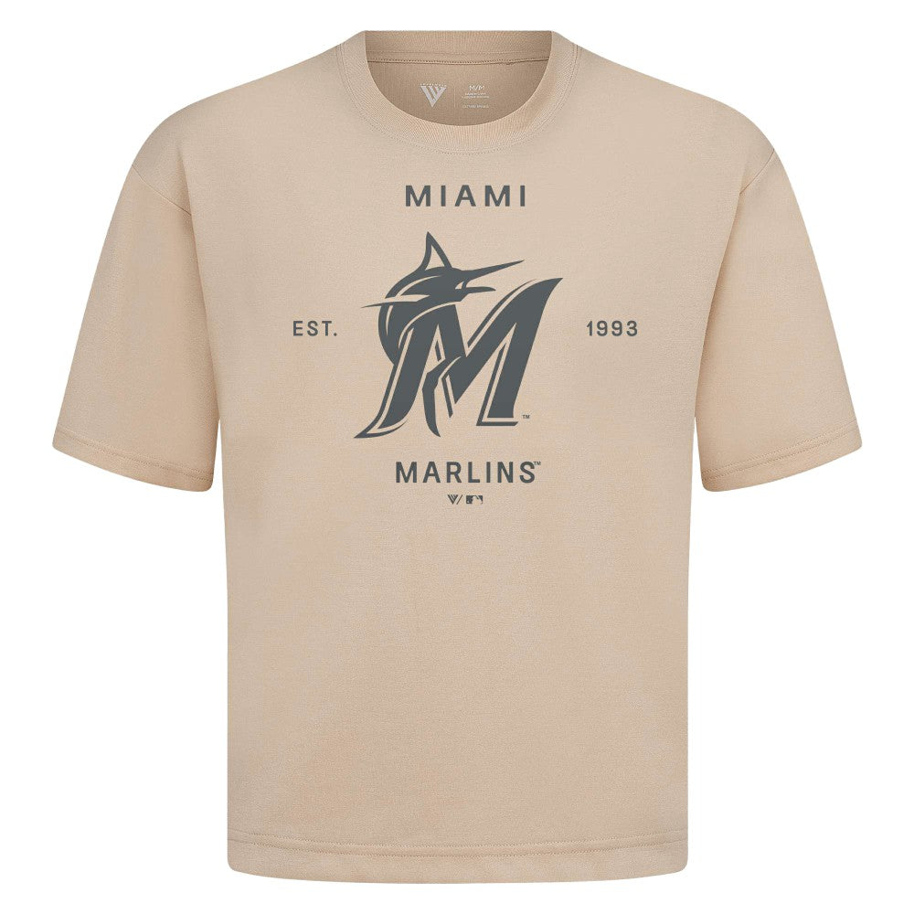 Miami Marlins Levelwear Crossway Oversized Luxe Signature Knit T-Shirt - Khaki T-shirts