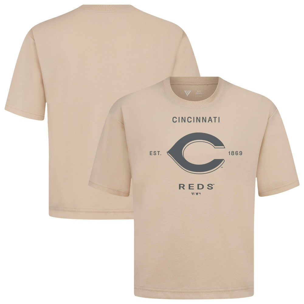 Cincinnati Reds Levelwear Crossway Oversized Luxe Signature Knit T-Shirt - Khaki T-shirts