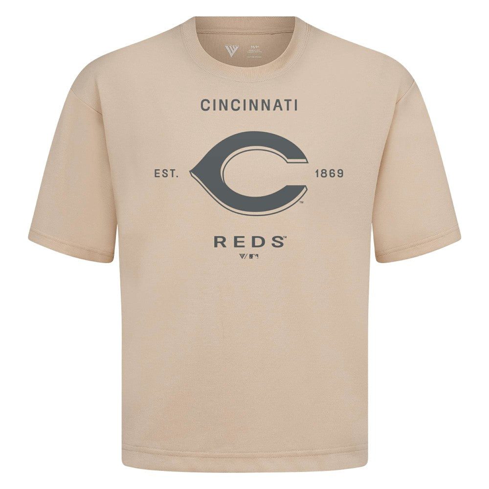 Cincinnati Reds Levelwear Crossway Oversized Luxe Signature Knit T-Shirt - Khaki T-shirts