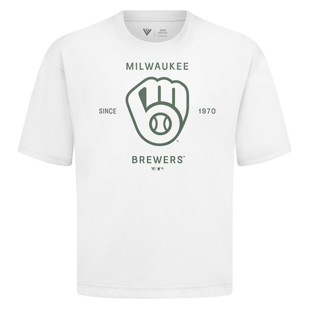 Milwaukee Brewers Levelwear Crossway Oversized Luxe Signature Knit T-Shirt - White T-shirts