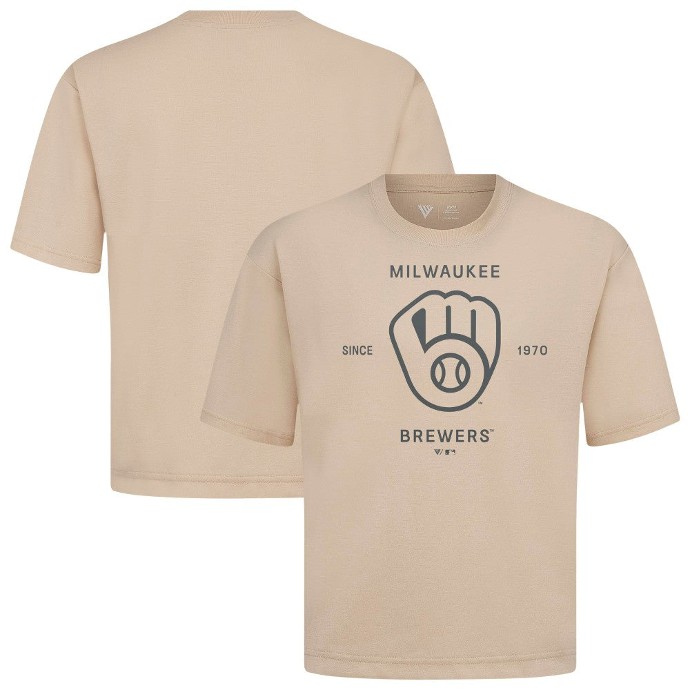 Milwaukee Brewers Levelwear Crossway Oversized Luxe Signature Knit T-Shirt - Khaki T-shirts