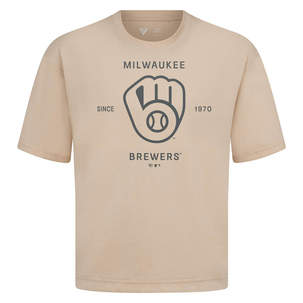 Milwaukee Brewers Levelwear Crossway Oversized Luxe Signature Knit T-Shirt - Khaki T-shirts