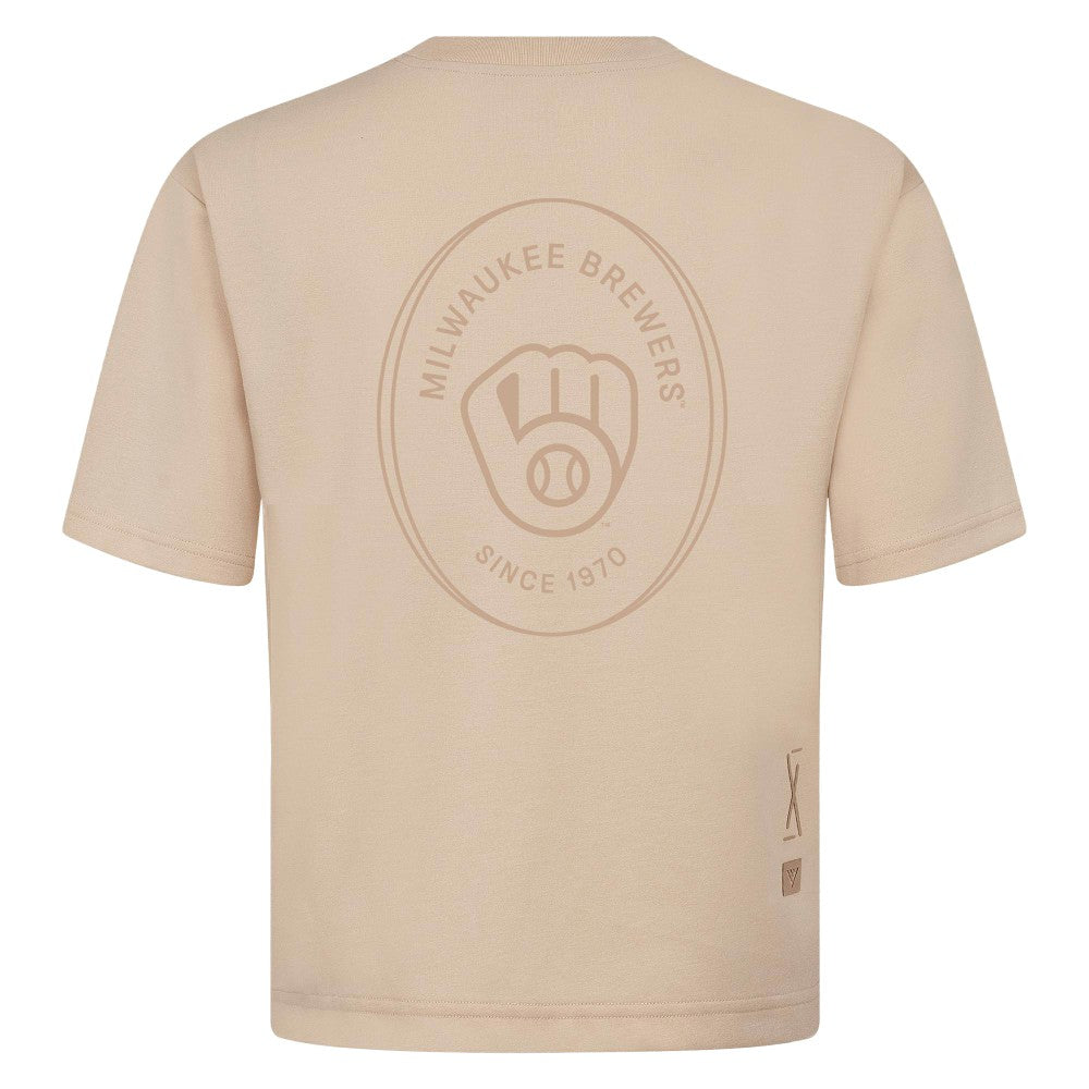 Milwaukee Brewers Levelwear Signet Oversized Luxe Signature Knit T-Shirt - Khaki T-shirts