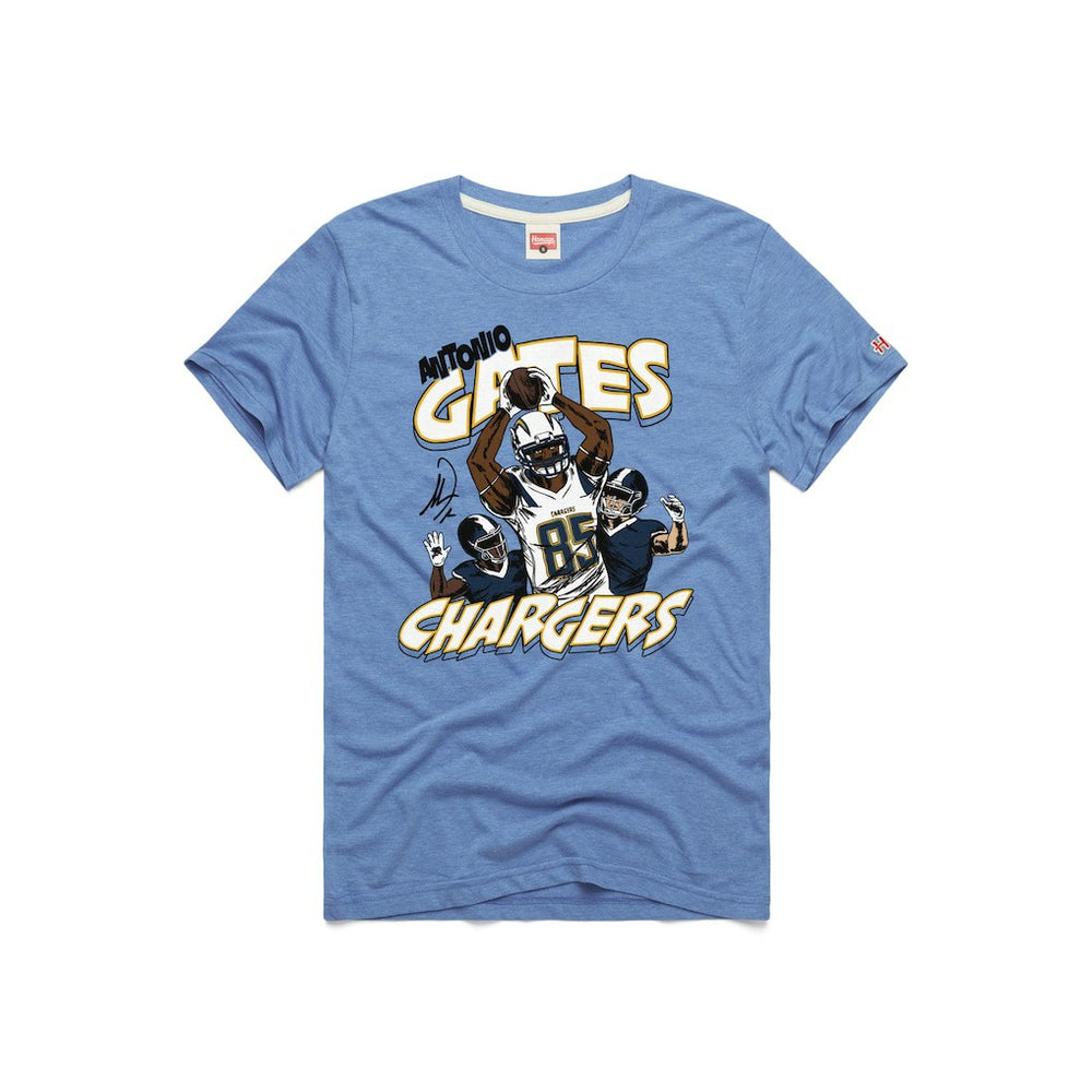 Antonio Gates Los Angeles Chargers Homage Unisex Caricature Retired Player Tri-Blend T-Shirt - Powder Blue T-shirts