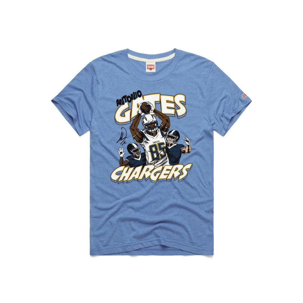 Antonio Gates Los Angeles Chargers Homage Unisex Caricature Retired Player Tri-Blend T-Shirt - Powder Blue T-shirts