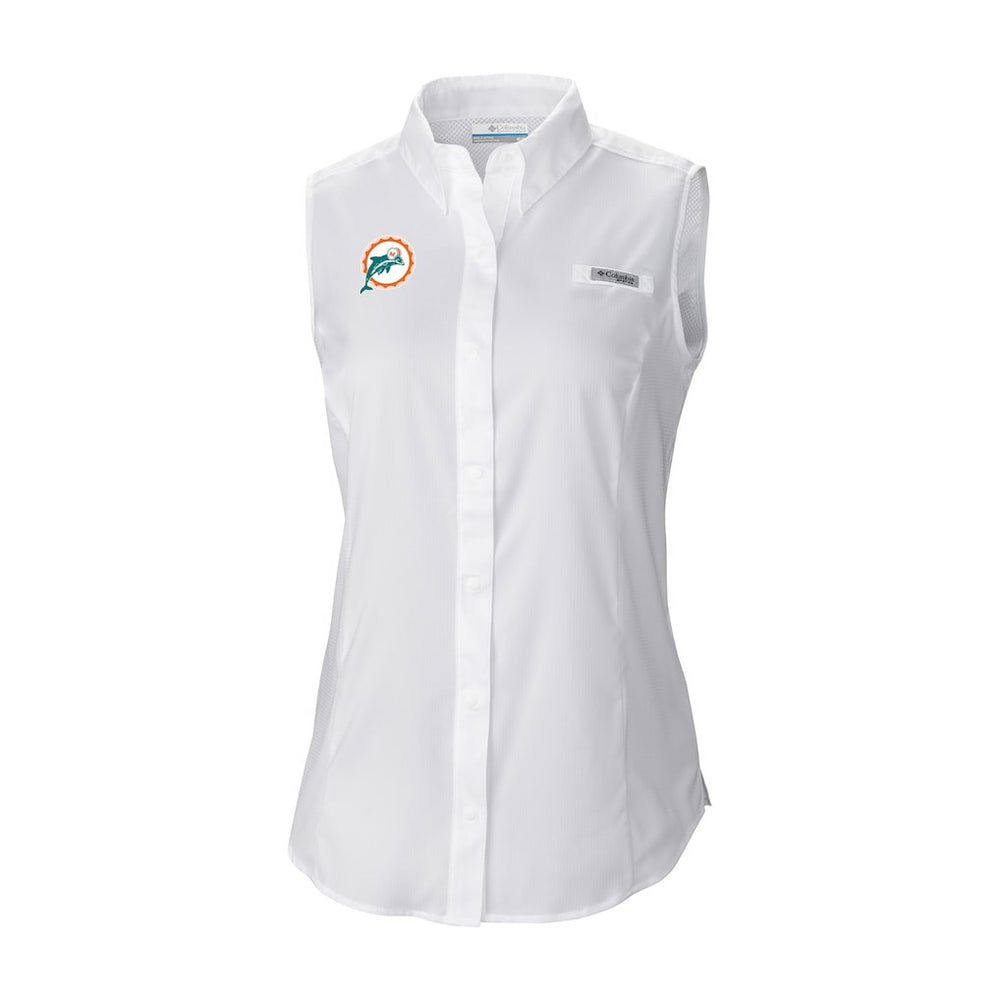 Miami Dolphins Women's Historic Tamiami Omni-Shade Sleeveless Button-Up Shirt - White