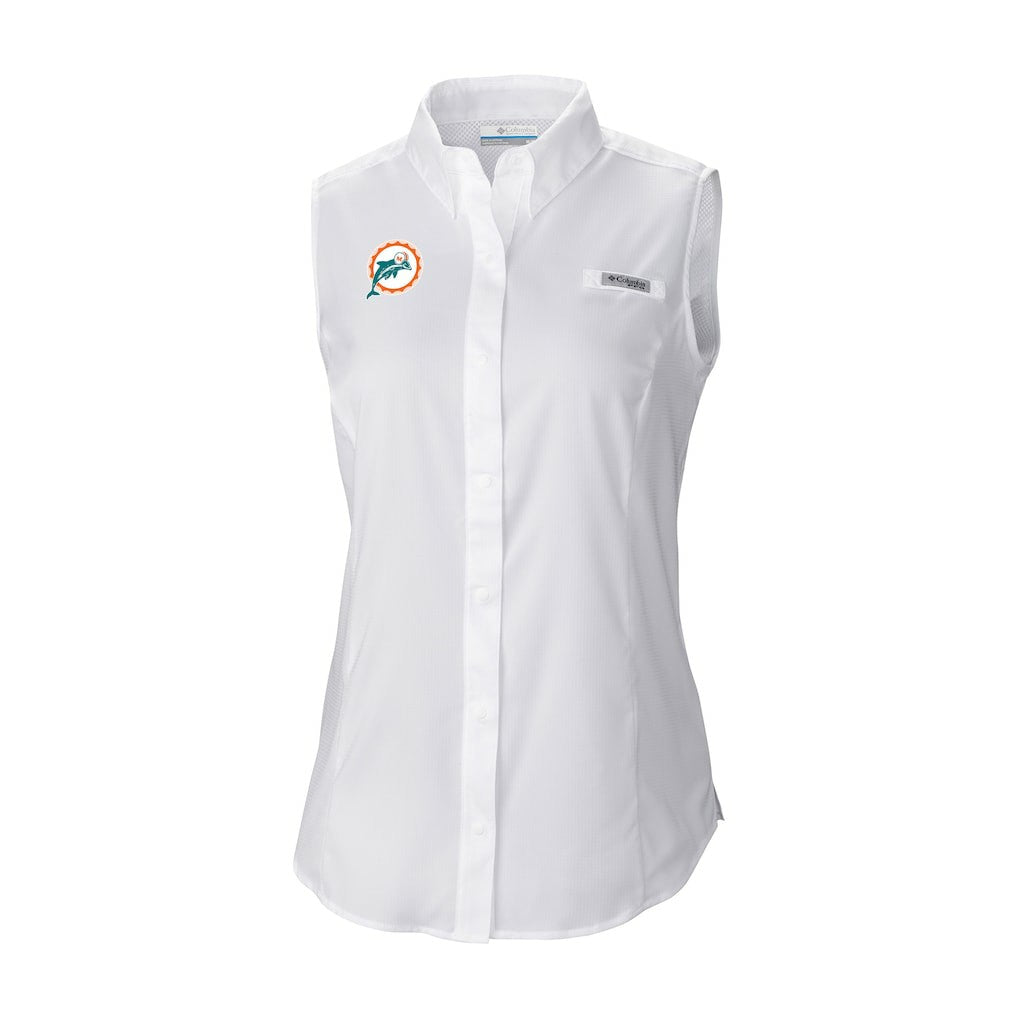 Miami Dolphins Women's Historic Tamiami Omni-Shade Sleeveless Button-Up Shirt - White