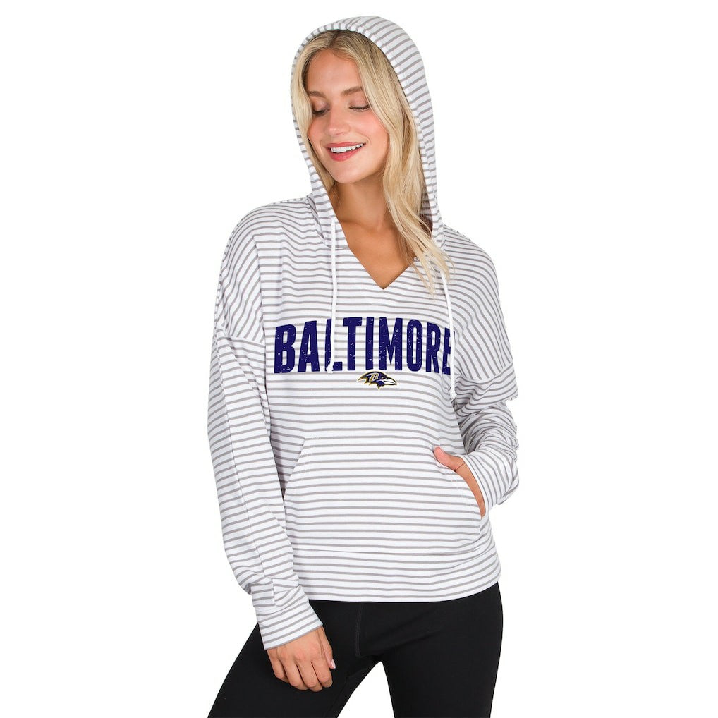 Baltimore Ravens Concepts Sport Women's Liftoff Striped V-Neck Hoodie - White/Gray Hoodies