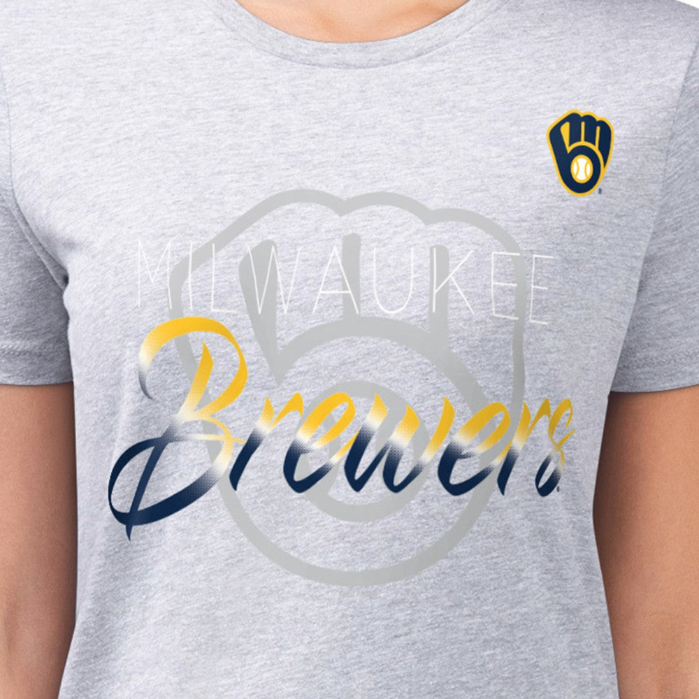 Milwaukee Brewers G-III 4Her by Carl Banks Women's Super-Slim Fit Lightweight Shadow Logo Graphic T-Shirt - Heather Gray T-shirts