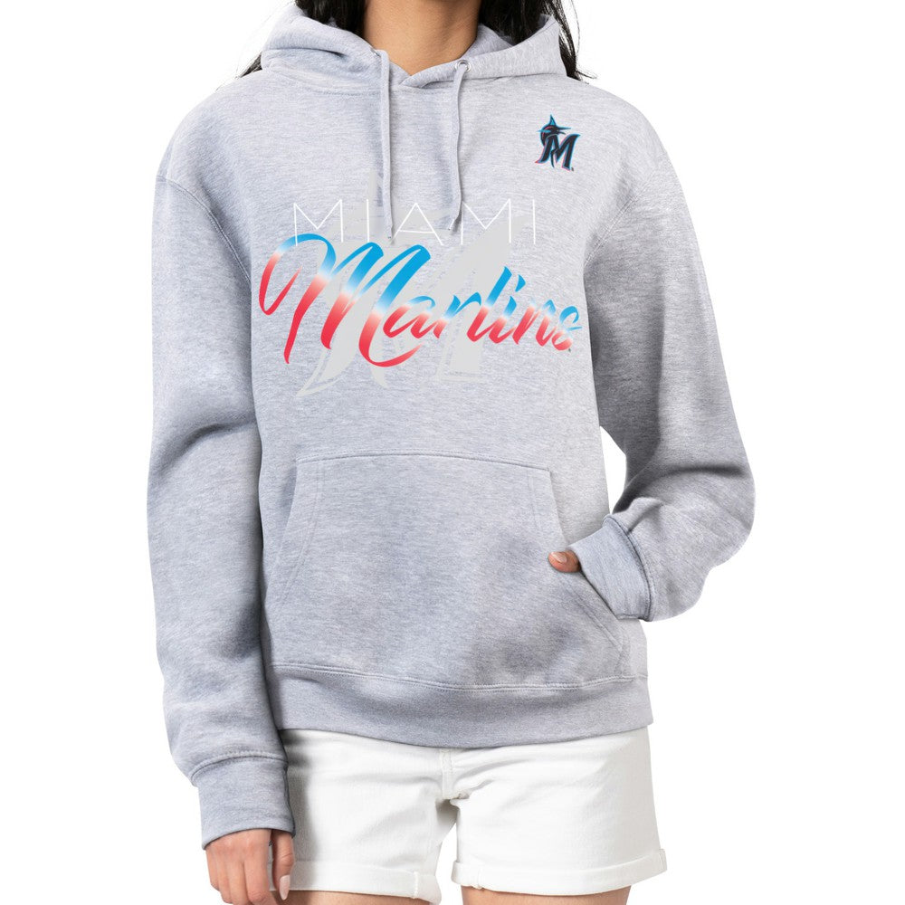 Miami Marlins G-III 4Her by Carl Banks Women's Shadow Logo Graphic Pullover Hoodie - Heather Gray Hoodies