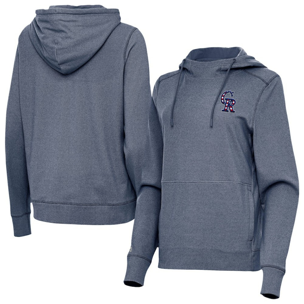 Colorado Rockies Antigua Women's Justice Stars and Stripes Team Logo Pullover Hoodie - Heather Navy Hoodies