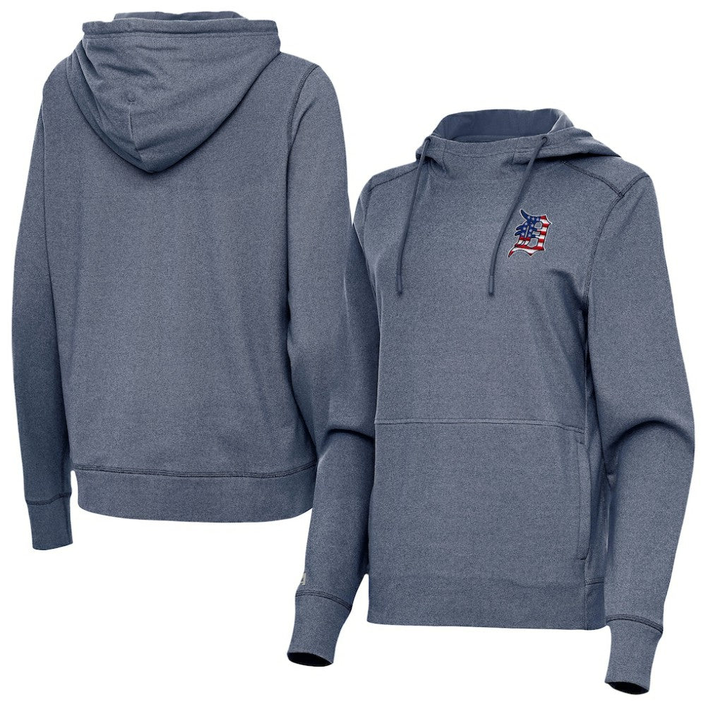 Detroit Tigers Antigua Women's Justice Stars and Stripes Team Logo Pullover Hoodie - Heather Navy Hoodies