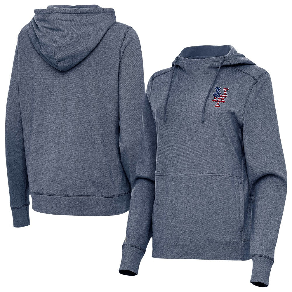 New York Mets Antigua Women's Justice Stars and Stripes Team Logo Pullover Hoodie - Heather Navy Hoodies