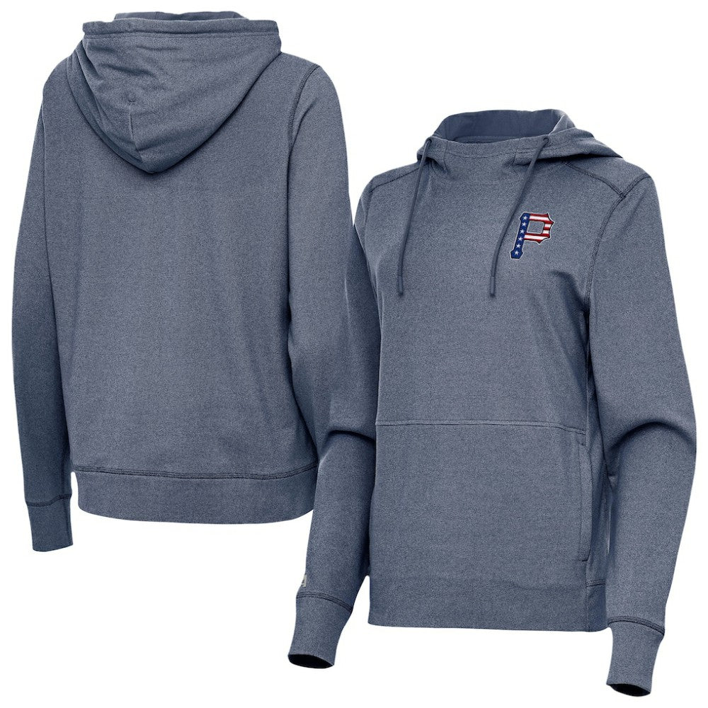 Pittsburgh Pirates Antigua Women's Justice Stars and Stripes Team Logo Pullover Hoodie - Heather Navy Hoodies