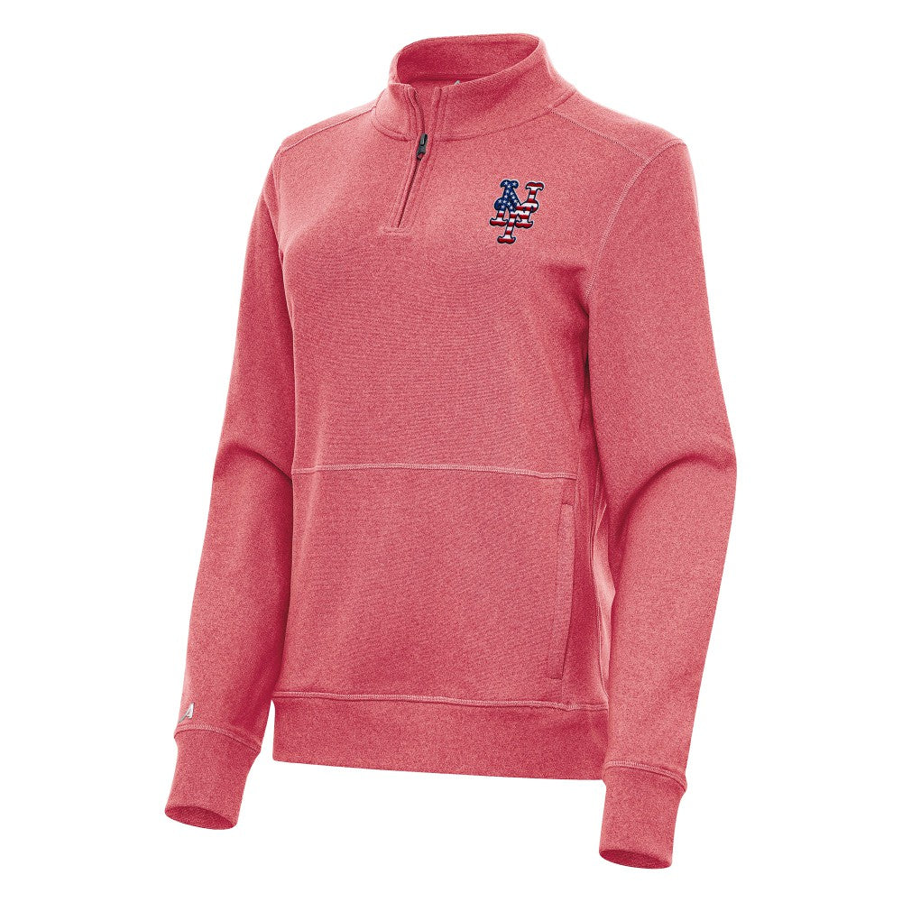 New York Mets Antigua Women's Crush Stars and Stripes Team Logo Quarter-Zip Pullover Top - Heather Red Pullover