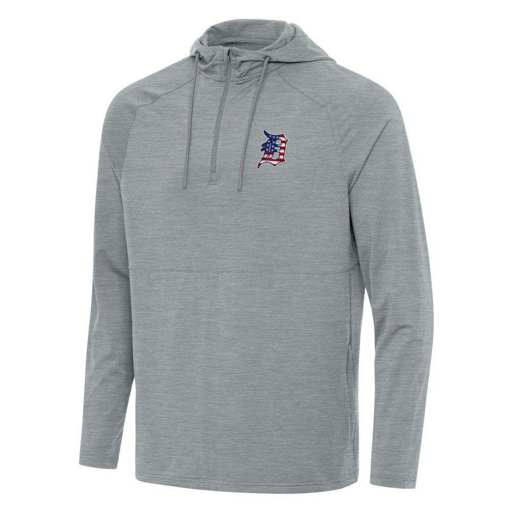 Detroit Tigers Antigua Spikes Stars and Stripes Team Logo Quarter-Zip Pullover Hoodie - Heather Gray Hoodies