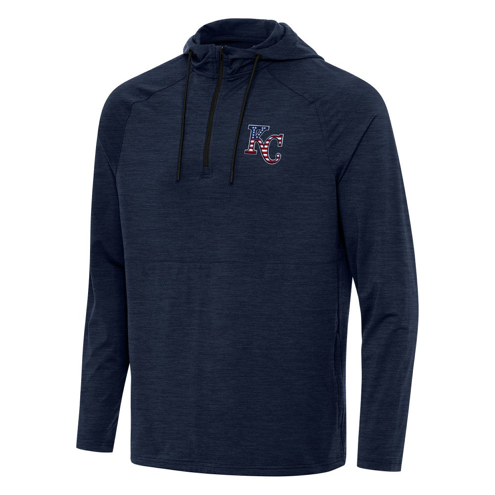 Kansas City Royals Antigua Spikes Stars and Stripes Team Logo Quarter-Zip Pullover Hoodie - Heather Navy Hoodies