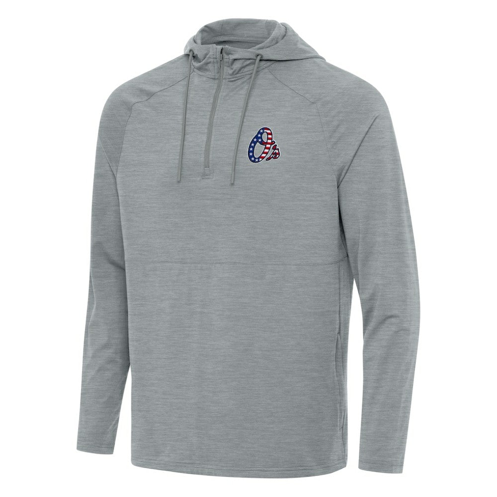 Baltimore Orioles Antigua Spikes Stars and Stripes Team Logo Quarter-Zip Pullover Hoodie - Heather Gray Hoodies
