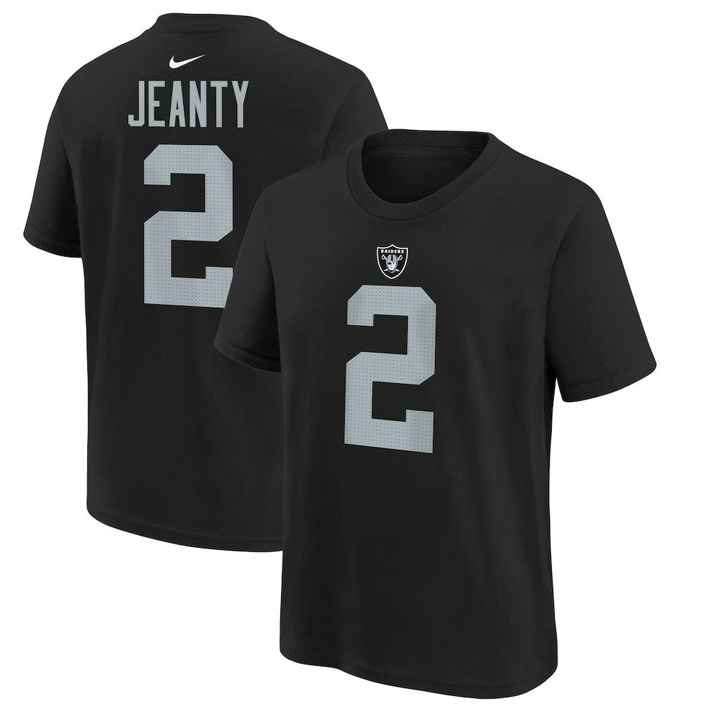 Ashton Jeanty Las Vegas Raiders Youth 2025 NFL Draft First Round Pick Name & Number T-Shirt - Black T-shirts