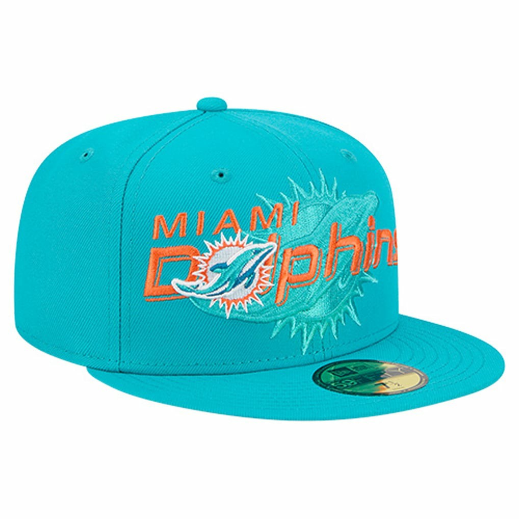 Miami Dolphins New Era Overlap Wordmark 59FIFTY Fitted Hat - Aqua Hats