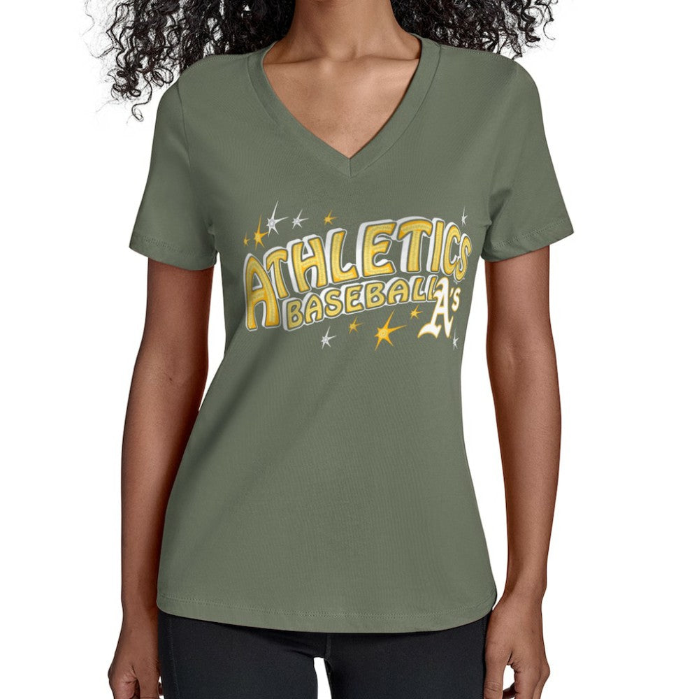 Athletics Starter Women's Fireworks Team Name V-Neck T-Shirt - Green T-shirts