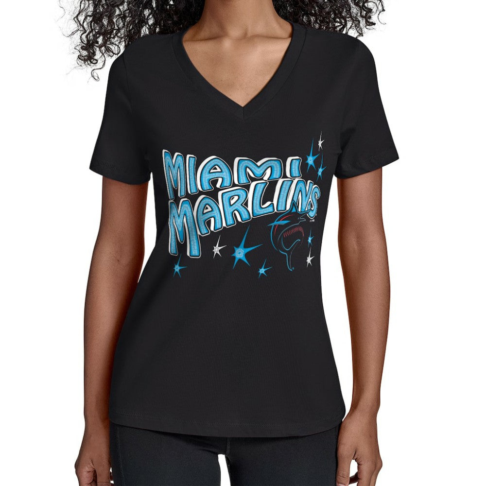 Miami Marlins Starter Women's Fireworks V-Neck T-Shirt - Black T-shirts