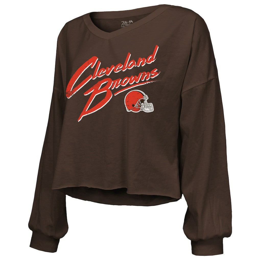 Shedeur Sanders Cleveland Browns Majestic Threads Women's Name & Number Off-Shoulder Script Cropped Long Sleeve Relaxed V-Neck T-Shirt - Brown T-shirts