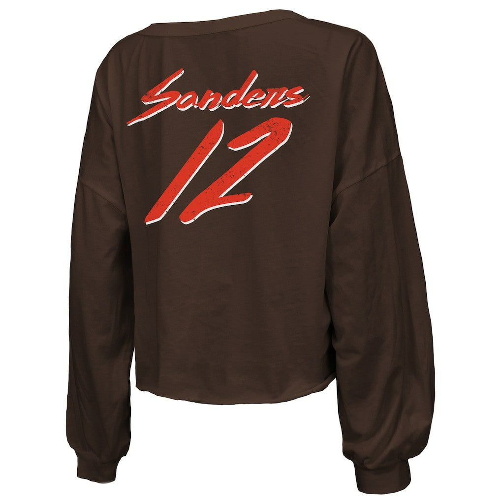 Shedeur Sanders Cleveland Browns Majestic Threads Women's Name & Number Off-Shoulder Script Cropped Long Sleeve Relaxed V-Neck T-Shirt - Brown T-shirts