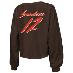 Shedeur Sanders Cleveland Browns Majestic Threads Women's Name & Number Off-Shoulder Script Cropped Long Sleeve Relaxed V-Neck T-Shirt - Brown T-shirts