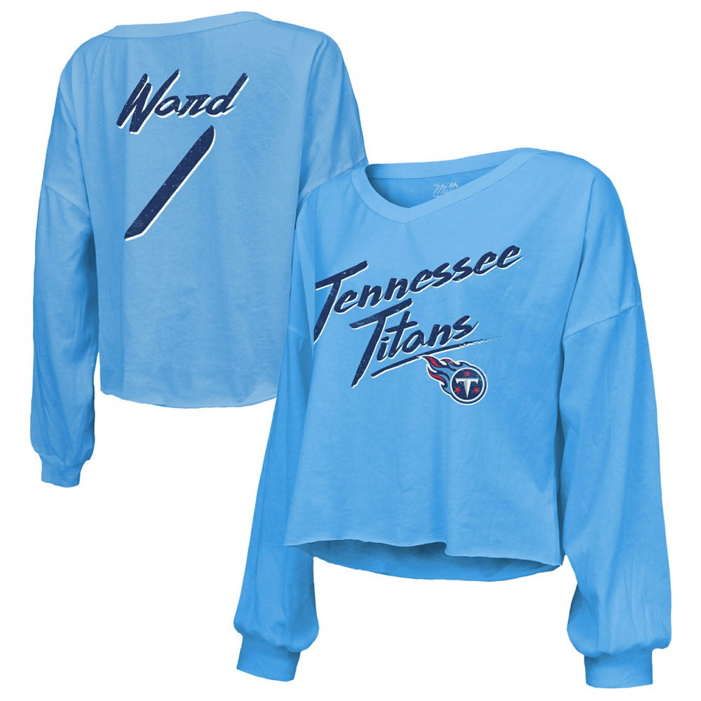 Cameron Ward Tennessee Titans Majestic Threads Women's Name & Number Off-Shoulder Script Cropped Long Sleeve Relaxed V-Neck T-Shirt - Light Blue T-shirts