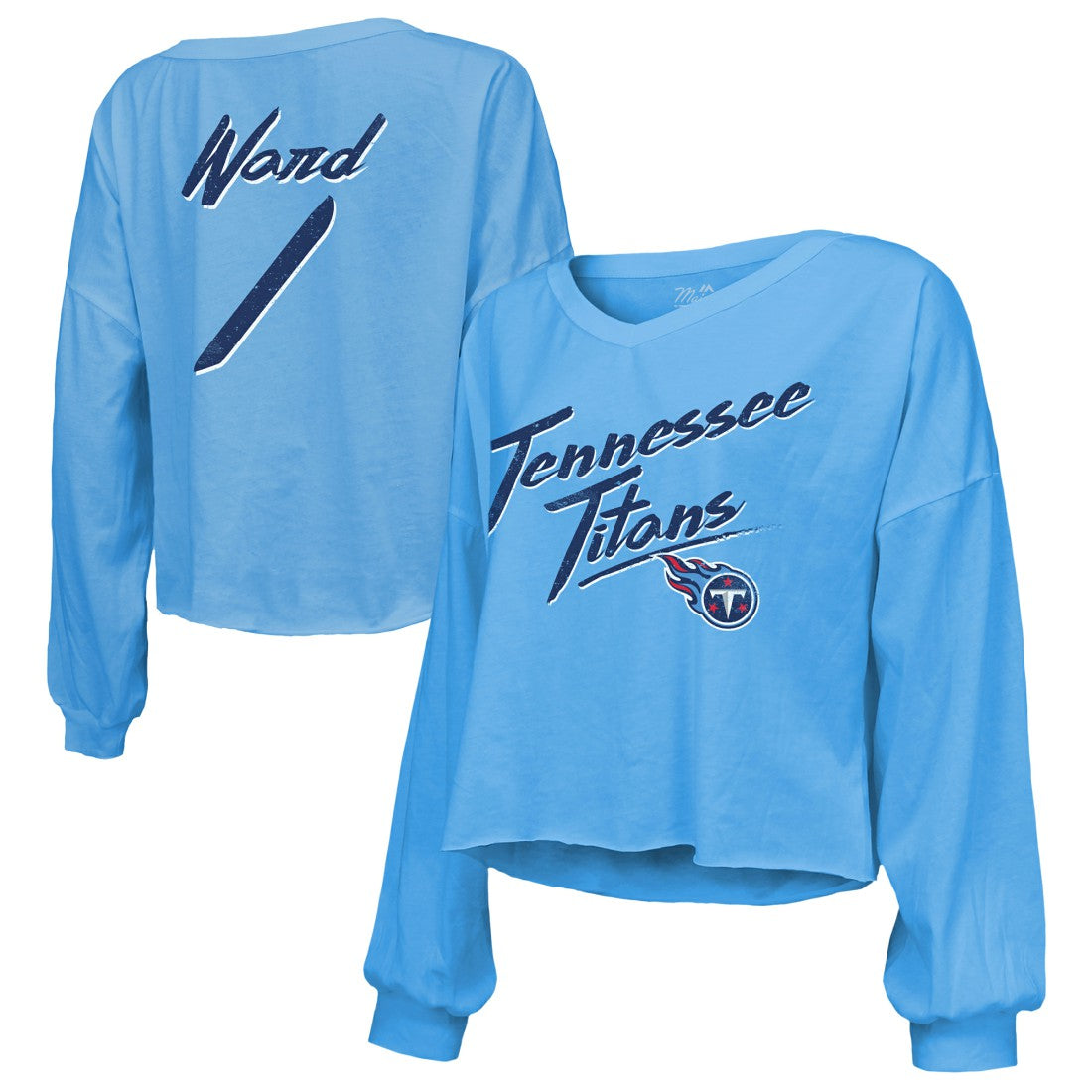 Cameron Ward Tennessee Titans Majestic Threads Women's Name & Number Off-Shoulder Script Cropped Long Sleeve Relaxed V-Neck T-Shirt - Light Blue T-shirts