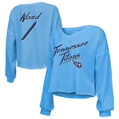 Cameron Ward Tennessee Titans Majestic Threads Women's Name & Number Off-Shoulder Script Cropped Long Sleeve Relaxed V-Neck T-Shirt - Light Blue T-shirts