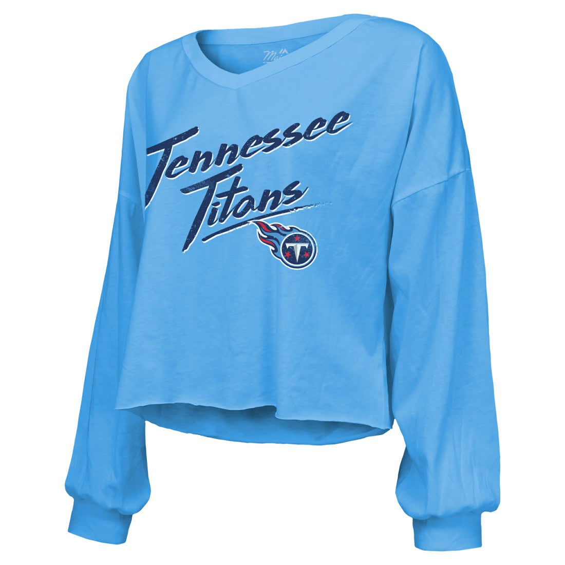 Cameron Ward Tennessee Titans Majestic Threads Women's Name & Number Off-Shoulder Script Cropped Long Sleeve Relaxed V-Neck T-Shirt - Light Blue T-shirts