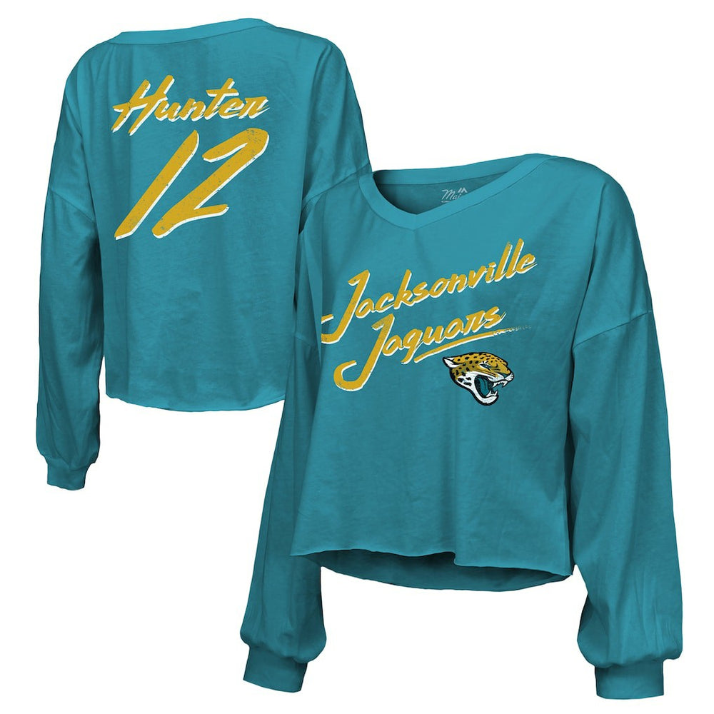 Travis Hunter Jacksonville Jaguars Majestic Threads Women's Name & Number Off-Shoulder Script Cropped Long Sleeve Relaxed V-Neck T-Shirt - Teal T-shirts