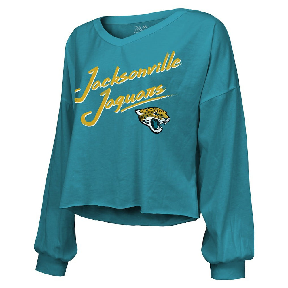 Travis Hunter Jacksonville Jaguars Majestic Threads Women's Name & Number Off-Shoulder Script Cropped Long Sleeve Relaxed V-Neck T-Shirt - Teal T-shirts