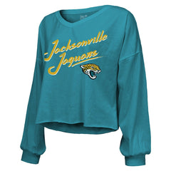 Travis Hunter Jacksonville Jaguars Majestic Threads Women's Name & Number Off-Shoulder Script Cropped Long Sleeve Relaxed V-Neck T-Shirt - Teal T-shirts