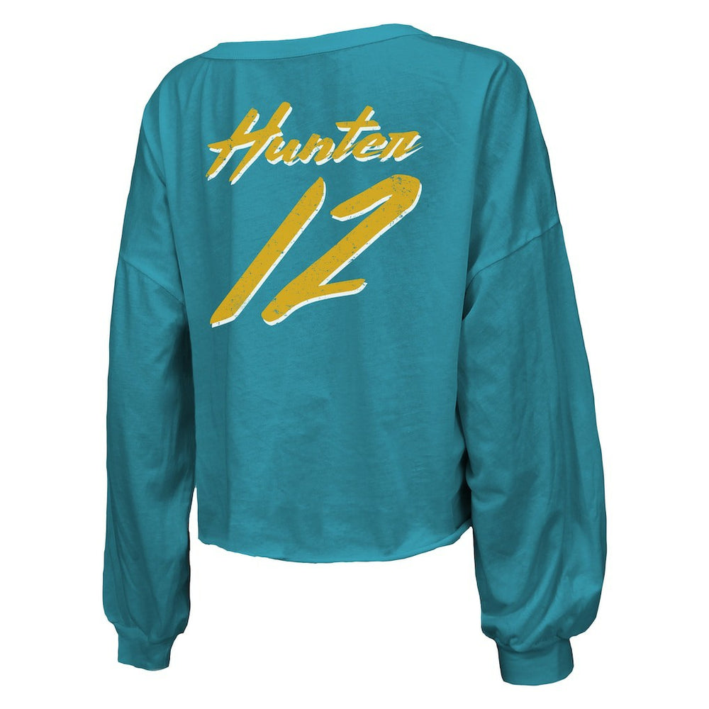 Travis Hunter Jacksonville Jaguars Majestic Threads Women's Name & Number Off-Shoulder Script Cropped Long Sleeve Relaxed V-Neck T-Shirt - Teal T-shirts