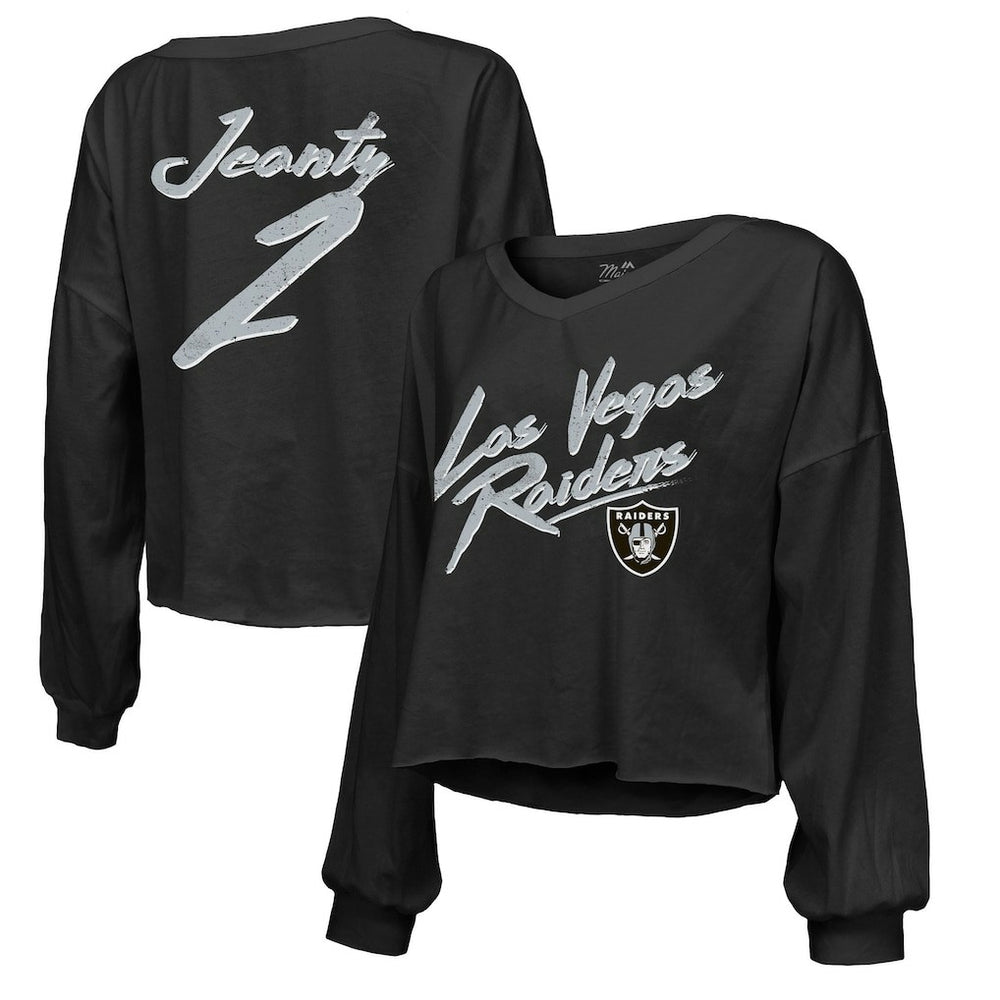 Ashton Jeanty Las Vegas Raiders Majestic Threads Women's Name & Number Off-Shoulder Script Cropped Long Sleeve Relaxed V-Neck T-Shirt - Black T-shirts