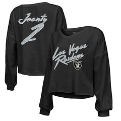 Ashton Jeanty Las Vegas Raiders Majestic Threads Women's Name & Number Off-Shoulder Script Cropped Long Sleeve Relaxed V-Neck T-Shirt - Black T-shirts