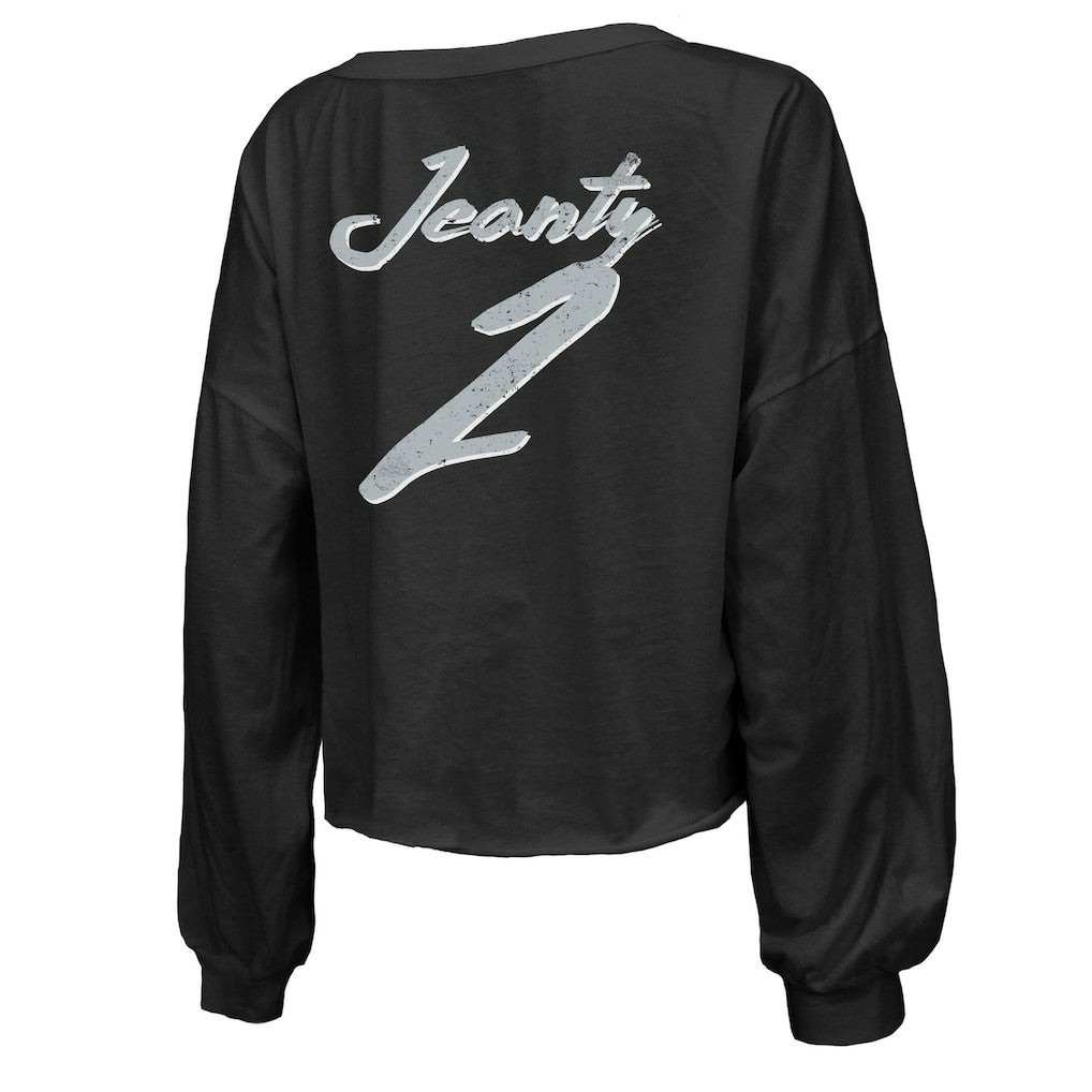 Ashton Jeanty Las Vegas Raiders Majestic Threads Women's Name & Number Off-Shoulder Script Cropped Long Sleeve Relaxed V-Neck T-Shirt - Black T-shirts